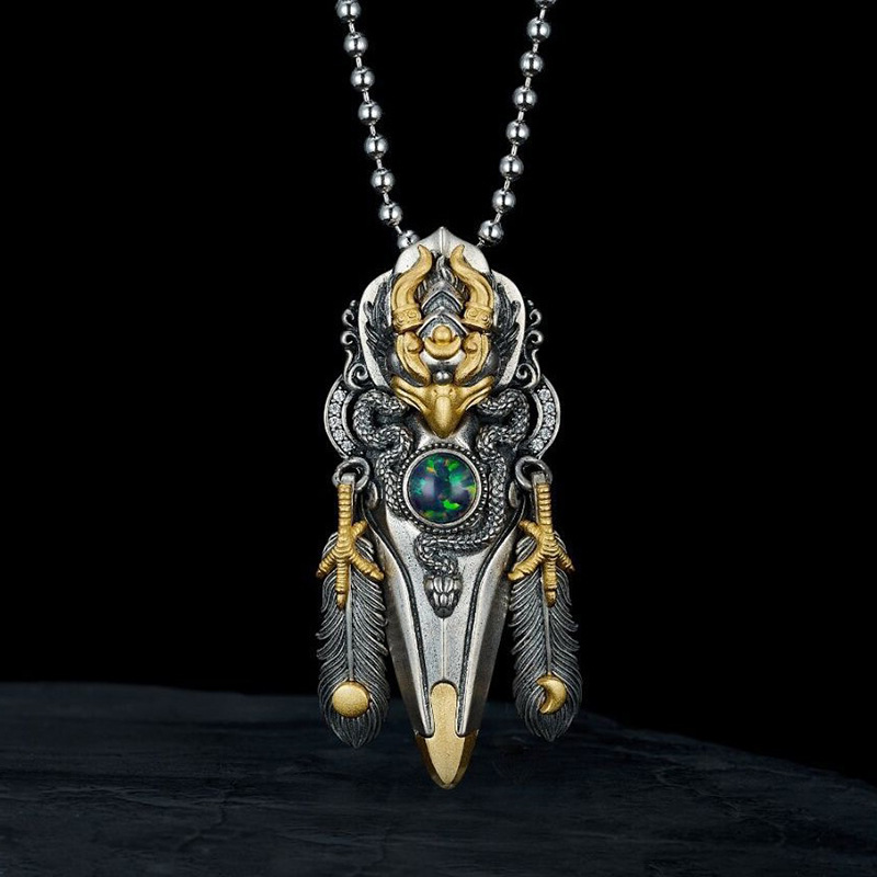 Y2K Ethnic Fashion - Retro Distressed Garuda Feather Pendant Necklace,